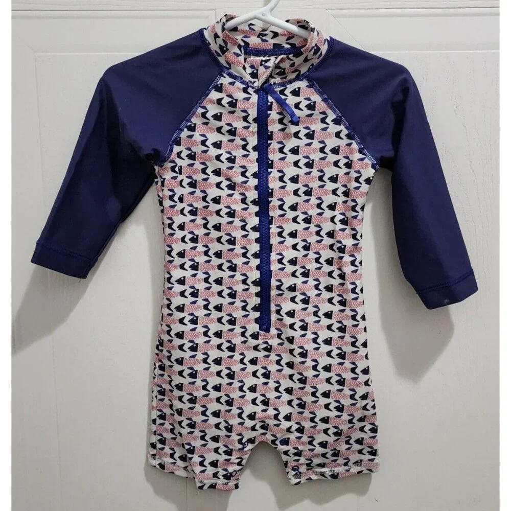 Egg By Susan Lazar Baby One Piece Zip Front LS Rashguard Red White Blue Fish 12M